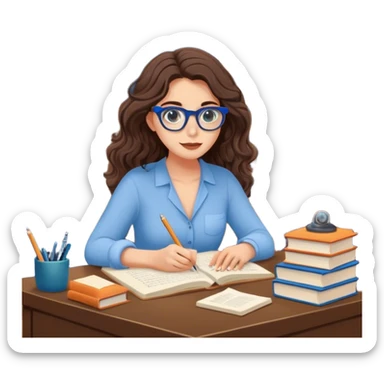 A thin pretty woman with long lashes and beautiful brown eyes also with beaches waves in her brown hair while working as a writer and while writing her new novel with full of ideas in her library room in her own house about to be night while working with her nerdy blue light glasses  sticker