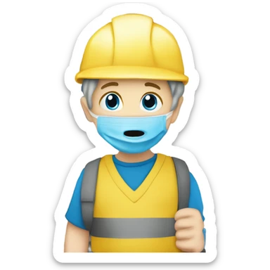 White kid with blue helmet with pencil up his nose Wheiring ￼a yellow shirt blue pants and a diaper on the outside ￼ sticker