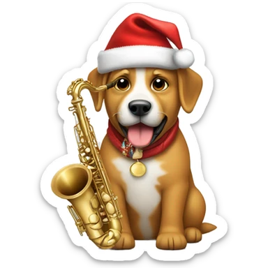 A dog with a Christmas hat playing the baritone saxophone sticker