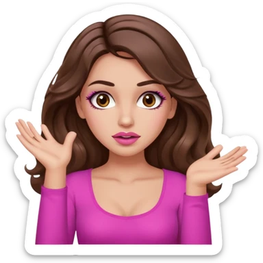 girl with long wavy brown hair, brown eyes, long lashes makeup, sexy pink lips, light to medium complexion, pink sexy top, two hands up, shrugging, confused sticker