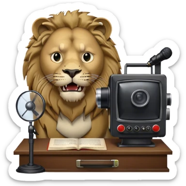 Icon for Documentary TV Show: A TV screen with a microphone, books, historical documents, and scientific symbols. Include a roaring lion or other animal, interview setup with a camera, and a serious-looking news anchor or narrator. Transparent background. sticker