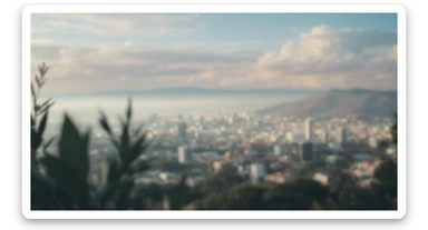A cinemaatic still of a city, blurred plants in the foreground, shale fly above city sky, rolling hills in the background, cinematic depth of field, layered composition, natural lighting sticker