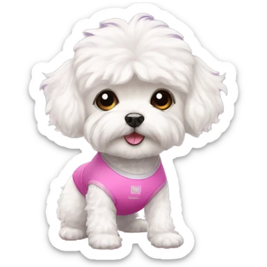 White maltipoo in a yoga outfit with a yoga mat  sticker