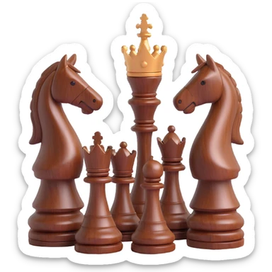 three chess knights, 3D style, dark wood, elegant, high-gloss, grouped, no text sticker