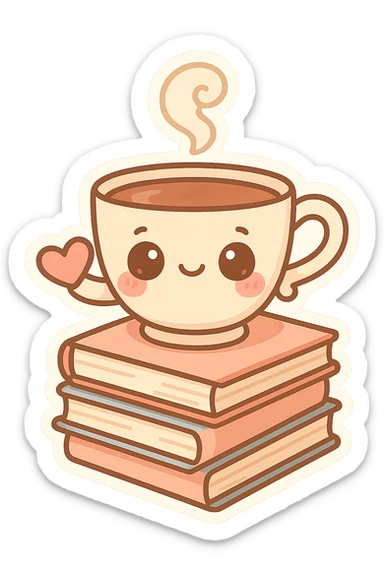 chibi teacup, pastel palette, big eyes, blushing cheeks, cute steam swirl, holding a tiny heart, sitting on a stack of books sticker
