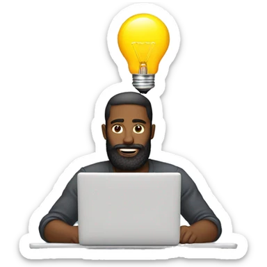 A man with beard working on a laptop with a lightbulb above his head sticker