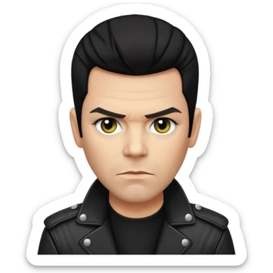 Richard Kruspe, apple style emoji, rockstar attitude, dark hair, hint of eyeliner, black jacket sticker
