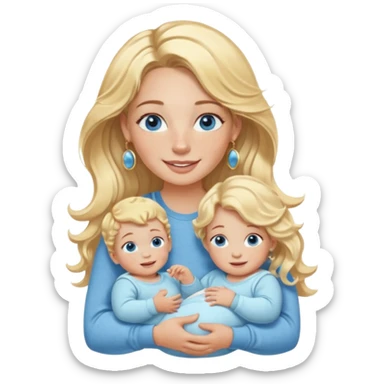 Wavy blonde, white woman with blue eyes, freckles hoop earrings, holding babies smiling and really cute in gold hoops she needs to be holding three newborns, and she needs to be more cute than pretty sticker