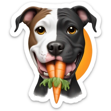 english black pit bull staffy dog eating a carrot sticker