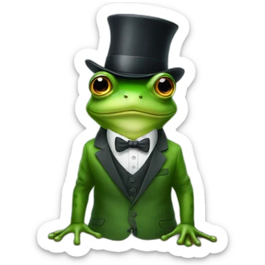 A frog wearing a suit looking straight sitting on a table and wearing a hat sticker