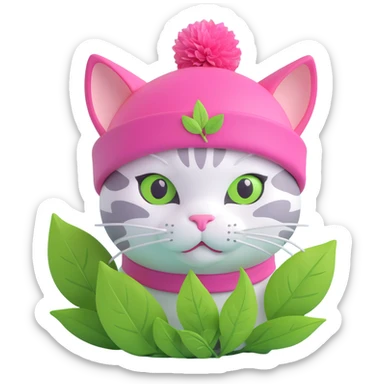 A cat with a pink hat and green leaves, light green background sticker
