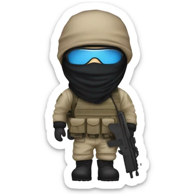 male, pale skin, face mask, tan tactical gear, combat boots, black beanie, blue eyes sticker