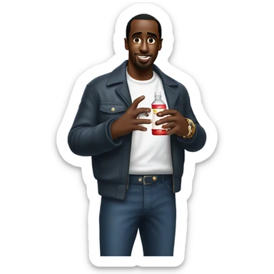 p diddy holding a bottle of baby oil sticker