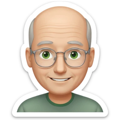 Balding man with receding hair, grey hair only on the sides, green eyes, rectangular reading glasses, rounded clear face, with a smile sticker