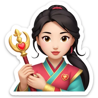 Cinematic Adorable Mulan Portrait Emoji, Playfully holding Cri-Kee in her hands, eyes sparkling with mischief, soft rosy cheeks, a warrior with a heart full of charm, radiant in the morning sunlight, glowing with warmth and joy! sticker
