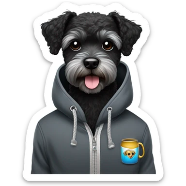 Cool black schnoodle with grey brindle and an underbite winking while smiling with boxing gloves and a hoodie with black sunglasses  sticker