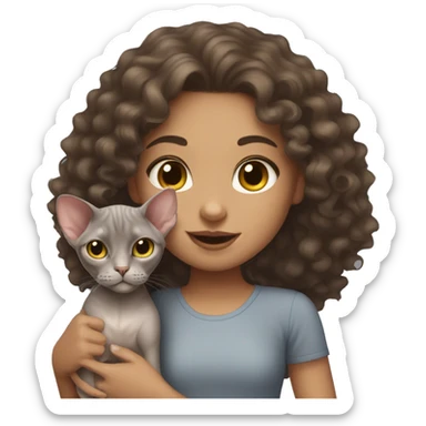 Girl With curly Brown hair With a Sphynx grey cat sticker