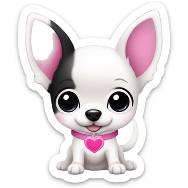 Cute kawaii white Chihuahua, with purple inside ears, black beady eyes, a black heart shaped nose, blue collar,  holding a pink heart, vector art style, simple design, black outline sticker