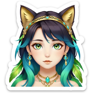 Beautiful gorgeous anime lady with beautiful dark-brown-special-hair, fashion aesthetic, ethereal, feather, accessories, gold jewelries, gold, colorful, feline ears, colorful hazel-green-blue-gradient eyes sticker