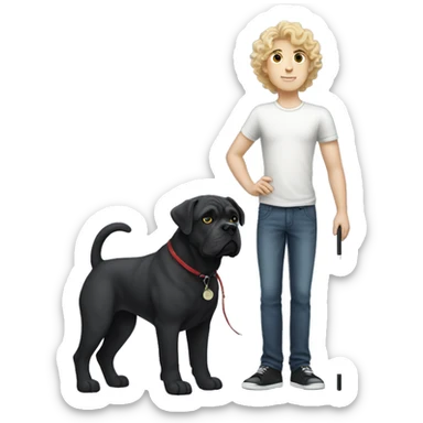 white boy with curly blonde hair standing alongside a black cane-corso sticker