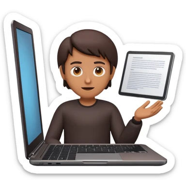 A dark-colored laptop with the screen open. From the screen, a person is emerging, giving a lecture or teaching. The person should look expressive and in a teaching pose. Soft shadows, semi-3D emoji style, clean background. sticker