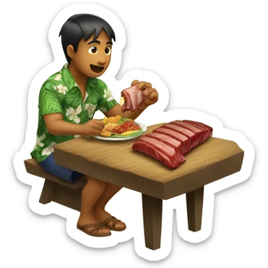 a Hawaiian boy w th  bunn eating rib on a tabe sticker