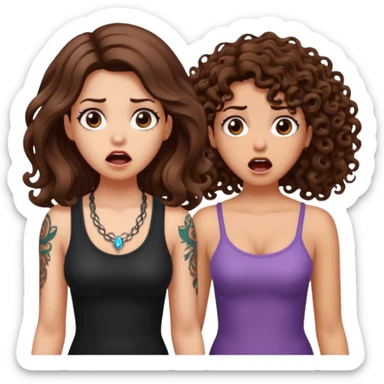 mutated crystal — long wavy brown hair tattooed woman and short tight curly brown hair woman — shocked reaction sticker