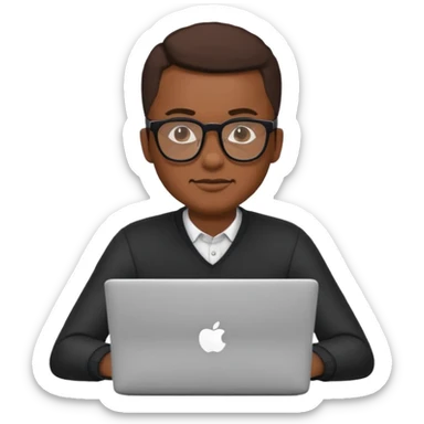 Black man with glasses sitting with a laptop in front, emoji style sticker