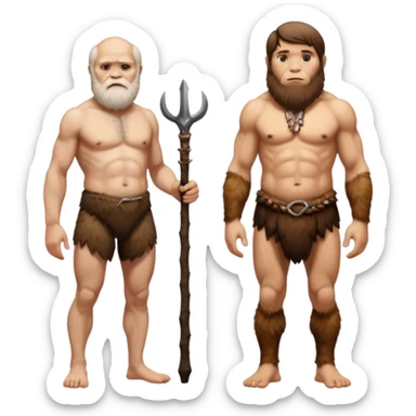 Charles Darwim atanding next to a Neandertal. sticker
