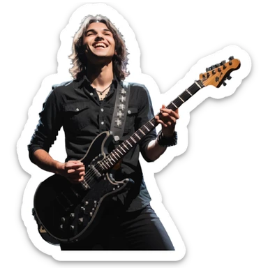 Rockstar musician with a confident smile looking up, electric guitar, stage lights, performing sticker