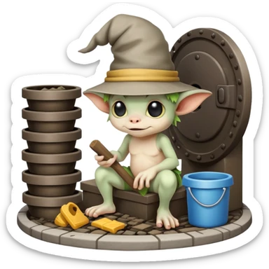 Mini sewer gremlin building little mess stacks on a bench in a manhole sticker