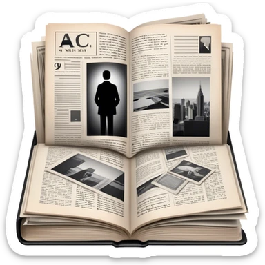 Icon for Non-Fiction & Narrative Reading: an open book with black-and-white photos on the pages, surrounded by a pile of newspaper clippings, and an open folder with top-secret documents. The icon should reflect the blend of real stories and facts in non-fiction literature. Transparent background. sticker