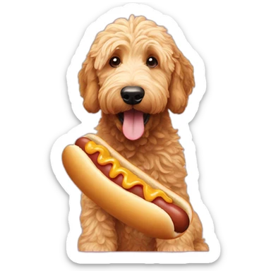 Golden doodle eating a hot dog sticker