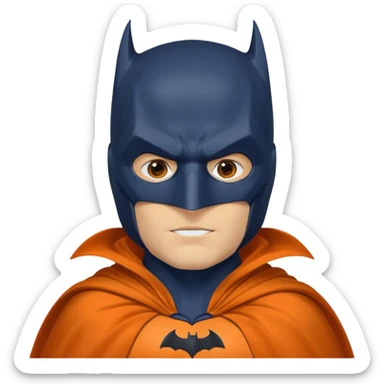 generate a batman emoji with just the face and neck showing and part of the cloak and and wings. Shade the mask in dark navy blue. Shade the wings in a medium olive green. Shade the cloak in a solidt vibran orange sticker
