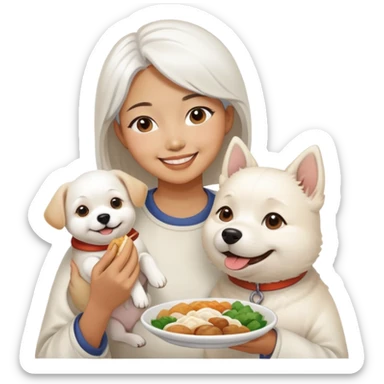 Asian woman sharing food with white dog sticker