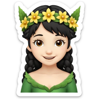 tiny Elf with Flower Crown, curley hair black sticker