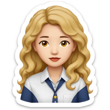 Asian woman, white button-up shirt, long permed wavy hair, emoji style, simple flat colors, transparent background. sticker