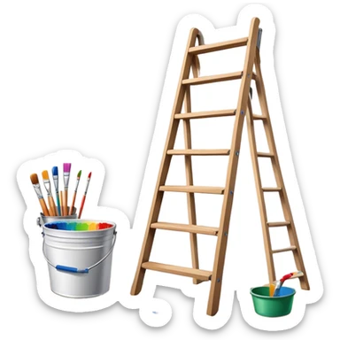 Wall painting icon, wall with an unfinished colourfull painting, no frame, a beautiful mural in progress, visible paintbrushes, rollers, and a bucket of paint, wooden ladder beside, minimalistic style, clean lines, transparent background. sticker