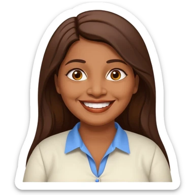 50 yr old chubby Sri Lankan woman, dark skin, straight brown hair, big smile, white teeth, european clothes, longer hair sticker