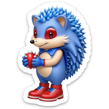 a blue hedgehog that has arms and legs with a tan chest fur, and some gloves and red and white shoes sticker