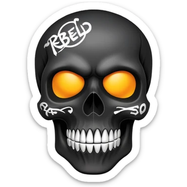smooth black skull with rebellious graffiti and brand logos, slightly tilted angle sticker