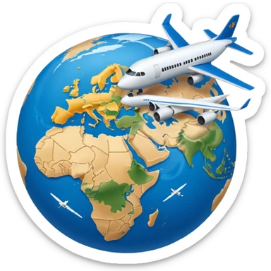 Generate a Google-style emoji representation that is not hyper-realistic but maintains a clear and recognizable depiction of a globe showing Europe and Africa.Include a plane flying around the globe, leaving a visible air trail. ensure the design can be easily understood at a small scale sticker