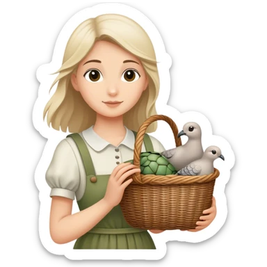 girl carrying wicker basket with two live turtledoves sticker