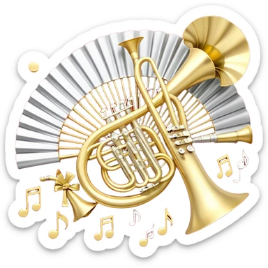 Create a festive and elegant emoji collage featuring a bouquet or fan of bells of wind instrument  (trumpets, saxophones, trombones, tubes, etc.) arranged in a radiant, symmetrical pattern. The instruments should have polished, golden and silver finishes, with their large, shiny bells forming a beautiful, fan-like display. Include a flowing ribbon of musical notes swirling through the center, conveying movement and melody. The background should feature a deep red velvet texture, adding a touch of luxury and sophistication. The overall composition should be balanced, with an elegant and regal feel, with a transparent background to keep focus on the instruments and musical elements. sticker