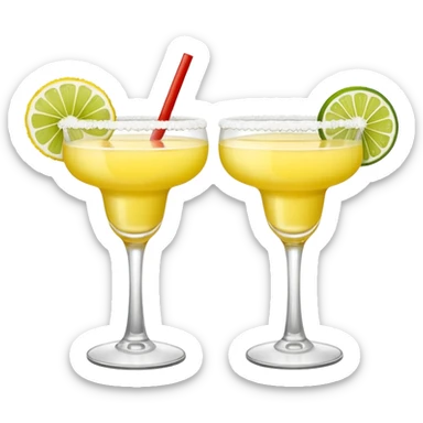 2 margarita cocktails. one is the classic margarita: yellowy with salt on the rim and a lemon. the other one is a spicy margarita: slightly more red color with a small red chili pepper instead of a lemon on the rim  sticker