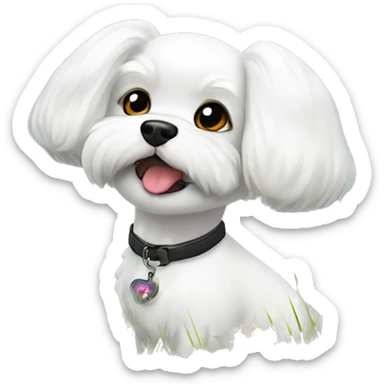 dog bichon maltese amongst grass, flowers with a water dragon lookig at him trying to smell butterflies sticker