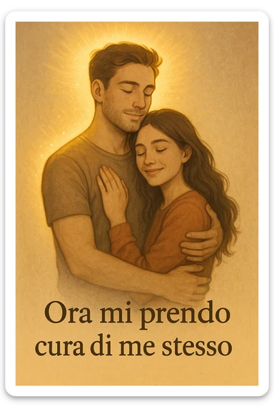 Vertical format: Couple embracing, the man with a luminous aura, the woman relaxed and smiling, atmosphere of serenity, text in Italian: 'Ora mi prendo cura di me stesso'. sticker