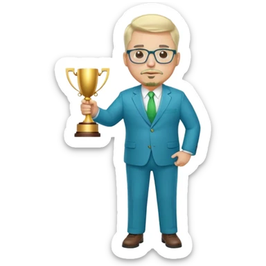 Full Body white fat male  wearing glasses with a goatee with light blonde gray very short hair basketball head Coach in blue and green suit holding trophy sticker