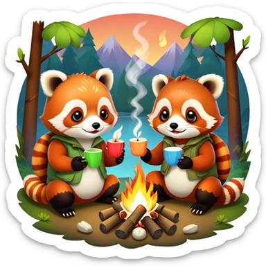 red panda and frog toasting marshmallows over a campfire sticker
