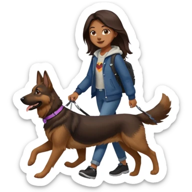a girl with a brown dark long long hair, she's walking her dog is a german shepard. And girl's outfit is very aesthetic sticker